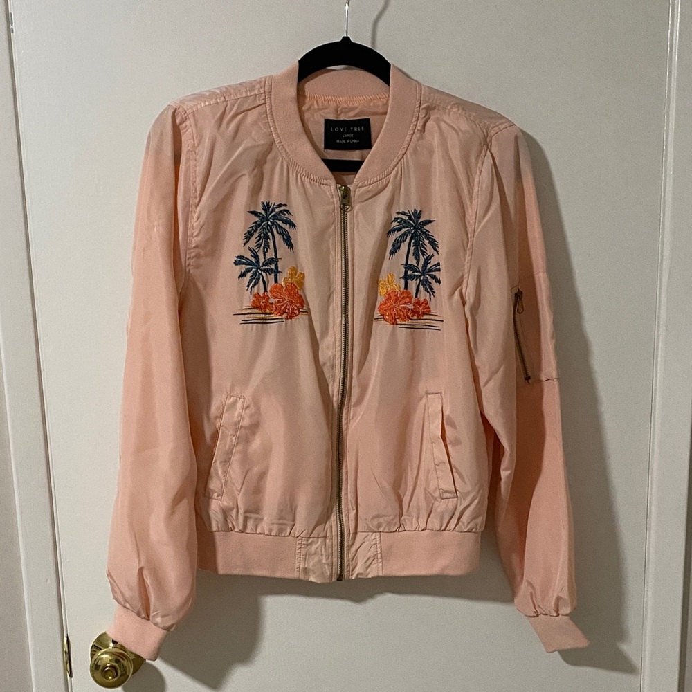 Love Tree Peach Embroidered Bomber Jacket